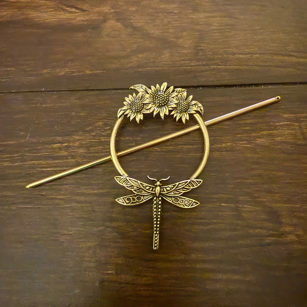 Gold Dragonfly Sunflower Hair Pin - Picture 2 of 4